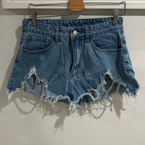 Distressed Denim Women Shorts with Chains